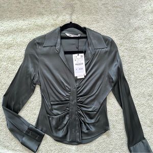 Zara green satin rouched button down